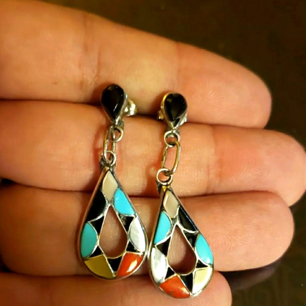 Zuni sterling silver Turquoise Post Dangle Earrings Multi Stone Inlay